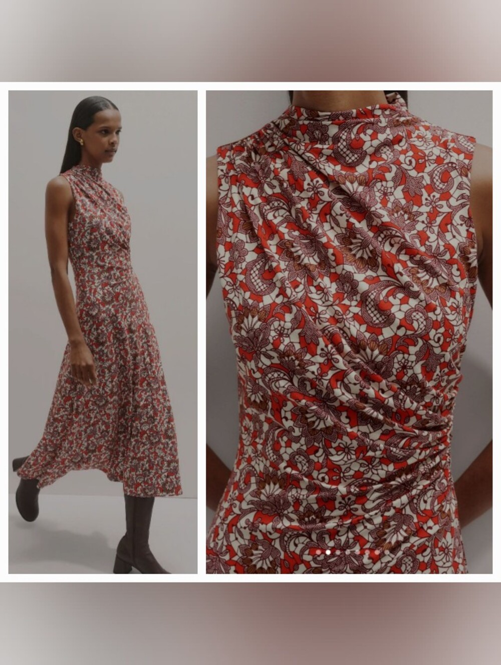 ME-EM Women's  Red Sleeveless Ruched Jersey Midi Dress Sz2